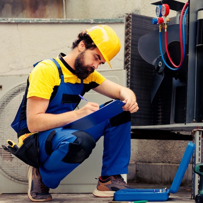 An HVAC technician is working on a commercial outdoor air conditioner.
