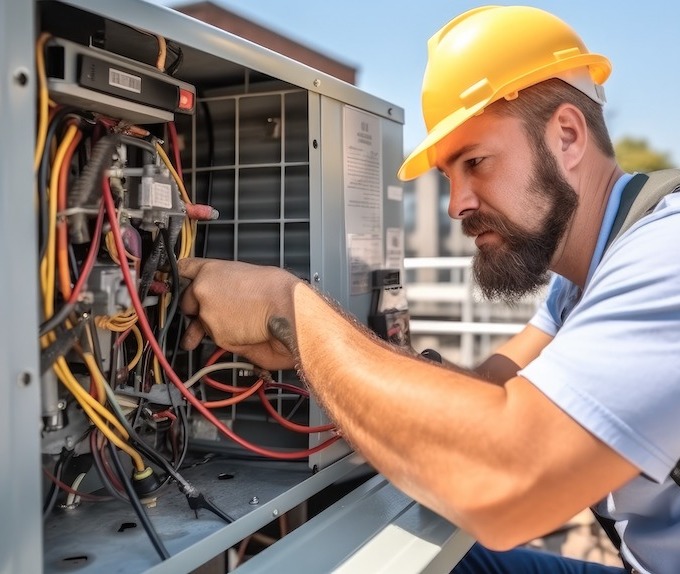 A HVAC repairman is working on an air conditioning unit.